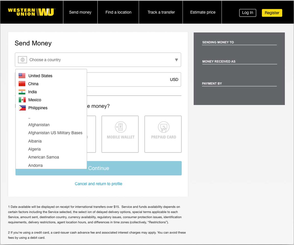Western Union Send Money Options Country 2016